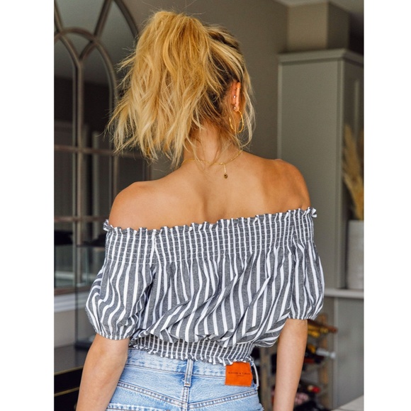 Cotton Striped Off Shoulder Ruched Crop Top - Picture 4 of 7